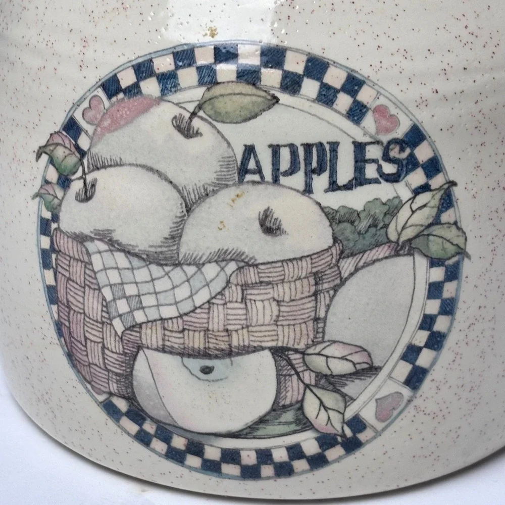 Vintage Style Speckled Stoneware‎ Apple Cookie Jar Canister Farmhouse Blue Cream